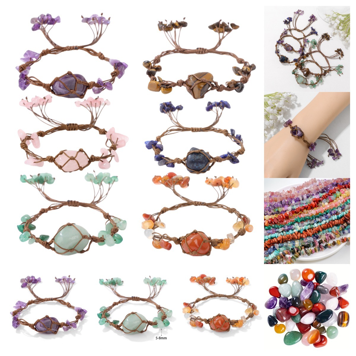 Boho Tumbled Gemstone Bracelet for Women Men Adjustable Handmade Woven Mesh Raw Chip Stone Beads Bangle Jewelry