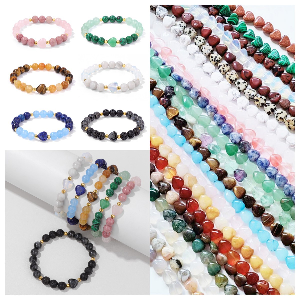 8mm Natural Gemstone Beads Bracelet with 10mm Heart Charm, Stretch Elastic Spiritual Jewelry Gift for Women Men Healing Chakra