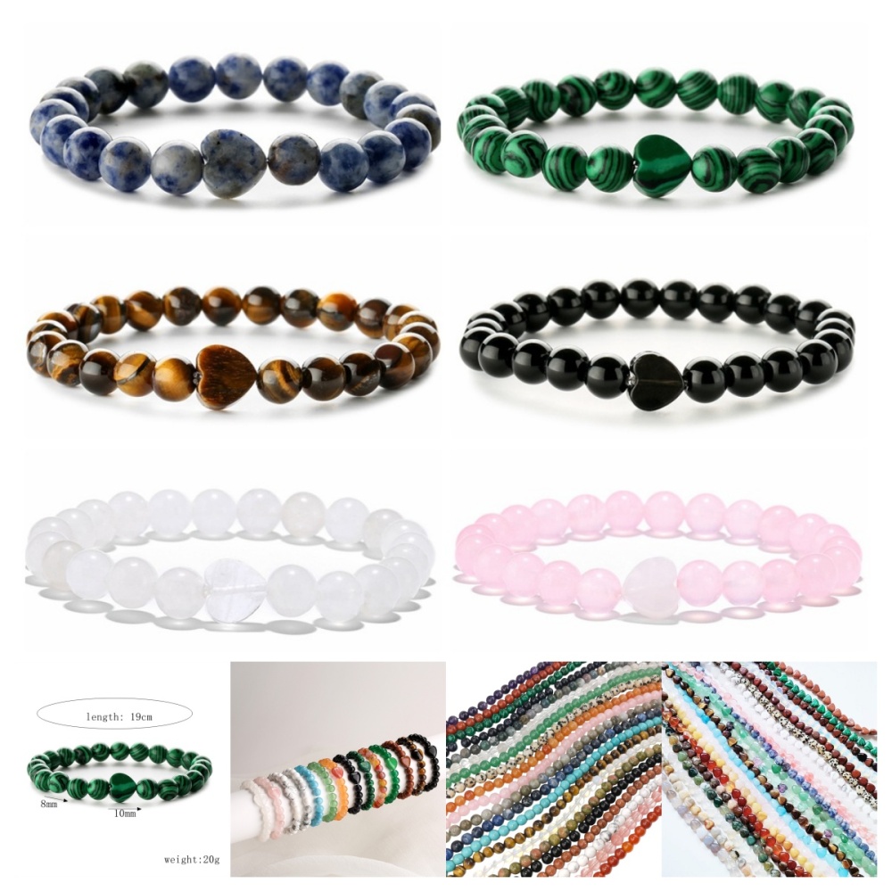 8mm Natural Gemstone Beads Bracelet with 10mm Heart Charm,Stretch Elastic Spiritual Jewelry Gift for Women