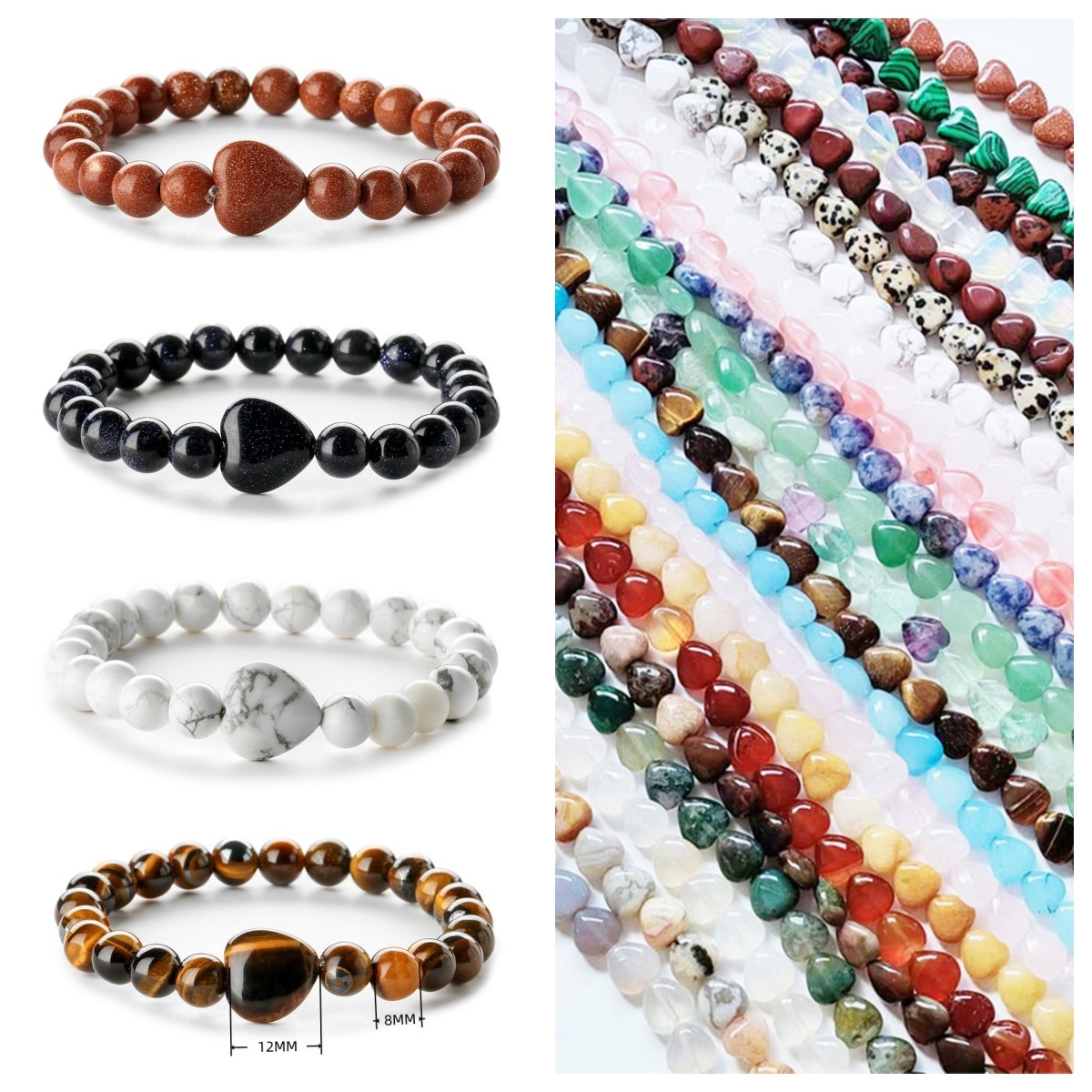 8mm Natural Gemstone Beads Bracelet with 10mm Heart Charm,Stretch Elastic Spiritual Jewelry Gift for Women