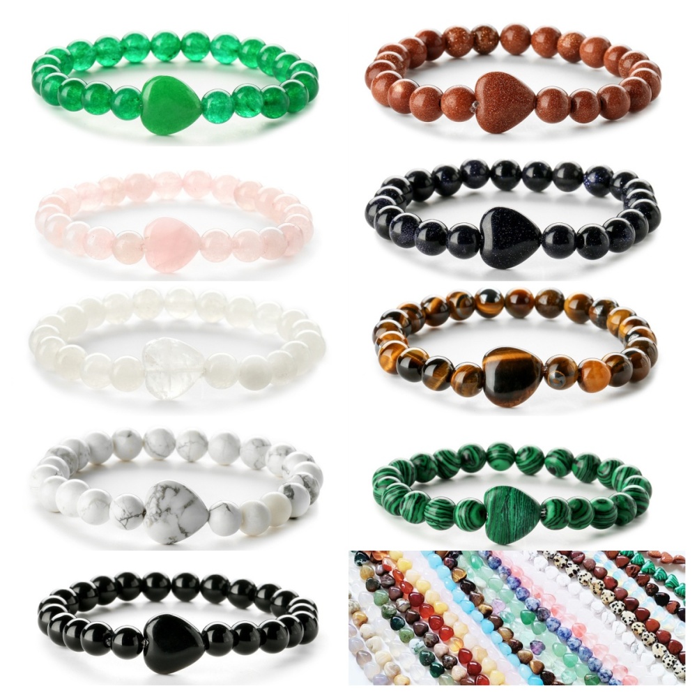 8mm Natural Gemstone Beads Bracelet with 10mm Heart Charm,Stretch Elastic Spiritual Jewelry Gift for Women