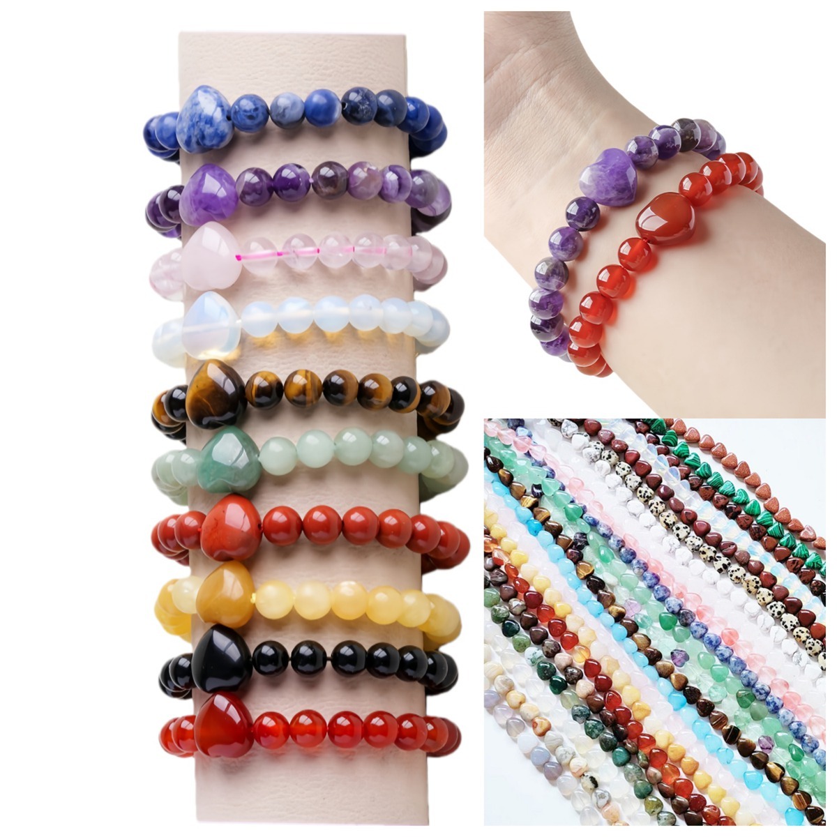 Romantic Heart Charm Bracelet 8mm Round Natural Gemstone Beads with 15mm Love Pendant, Stretchy Adjustable Bangle Jewelry