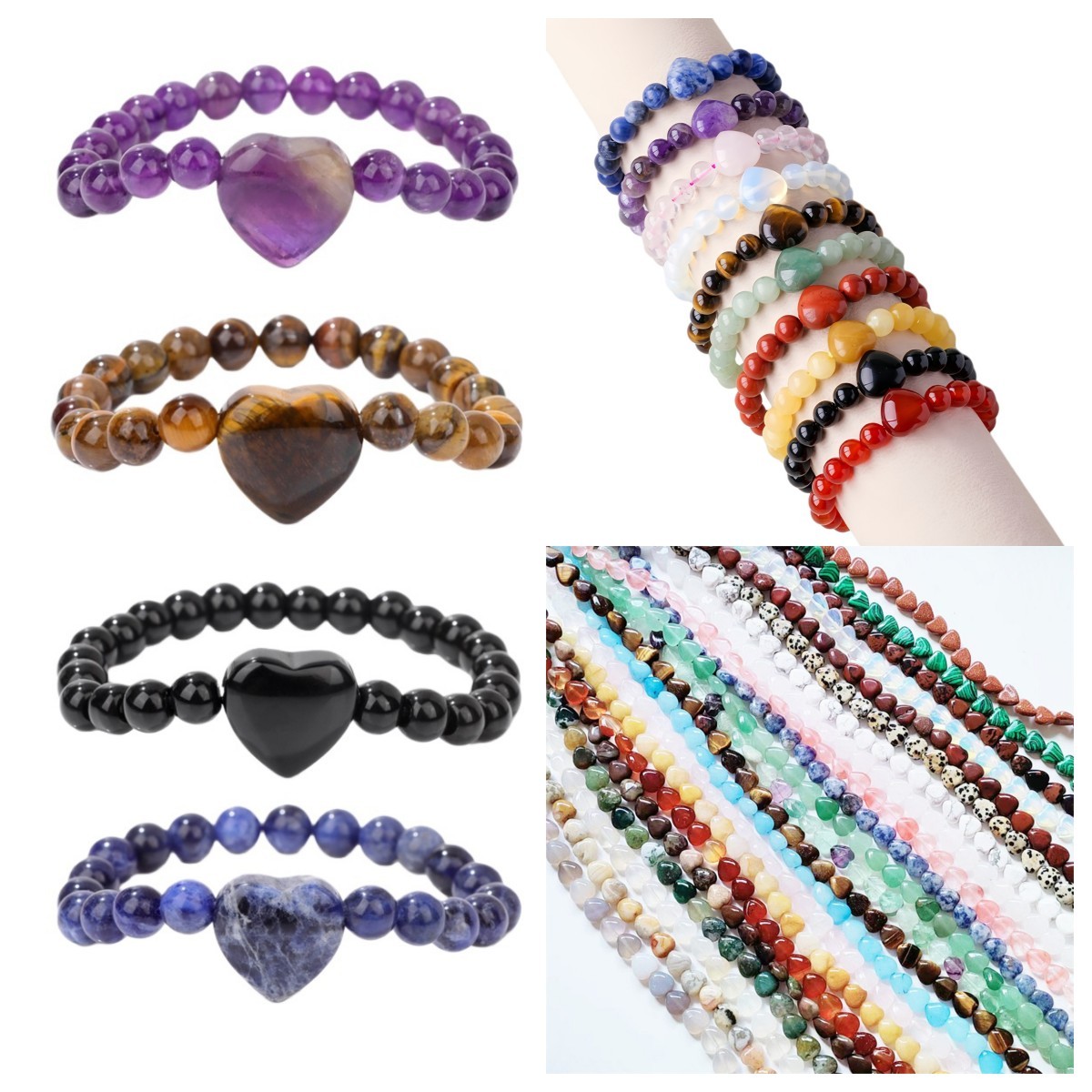 Romantic Heart Charm Bracelet 8mm Round Natural Gemstone Beads with 20mm Love Pendant, Stretchy Adjustable Bangle Jewelry