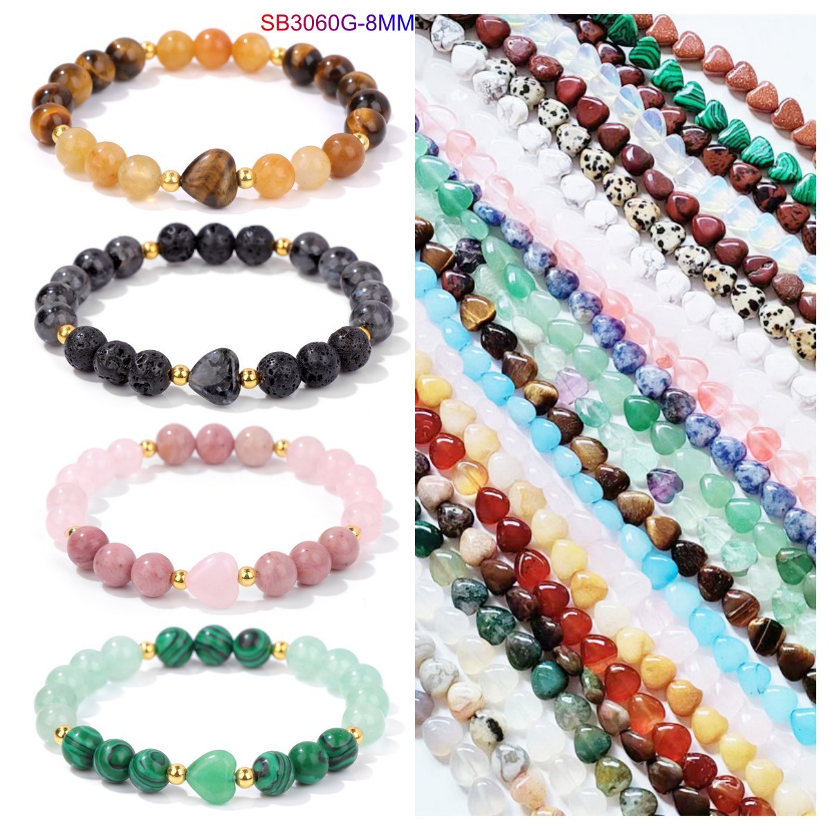 8mm Natural Gemstone Beads Bracelet with 10mm Heart Charm, Stretch Elastic Spiritual Jewelry Gift for Women Men Healing Chakra