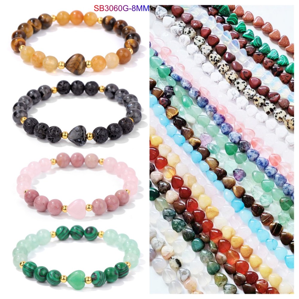 8mm Natural Gemstone Beads Bracelet with 10mm Heart Charm, Stretch Elastic Spiritual Jewelry Gift for Women Men Healing Chakra