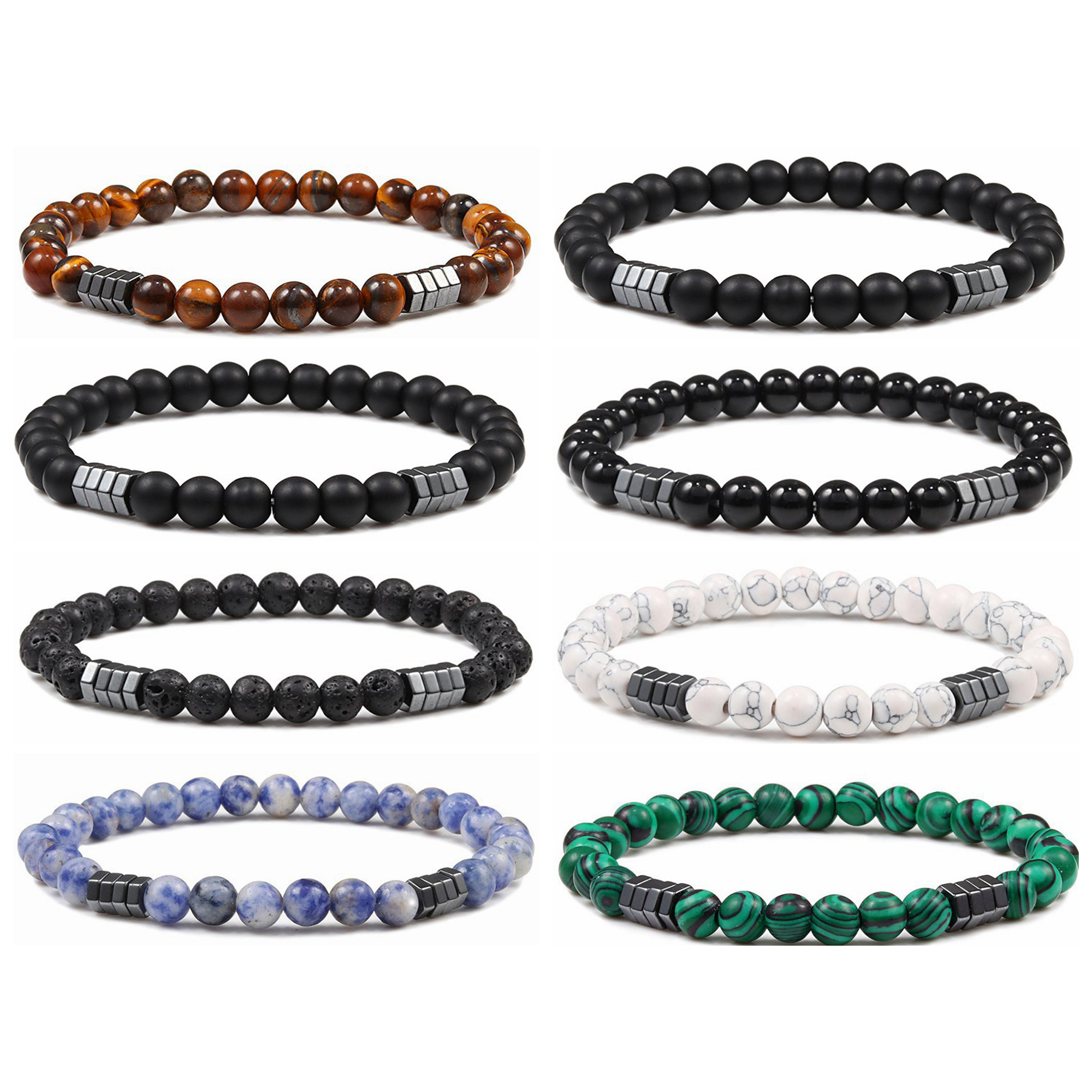 6mm Natural Gemstone Beaded Bracelet with Hematite Spacer Beads, 18-19cm Stretchy Elastic, Healing Jewelry Gift for Men & Women