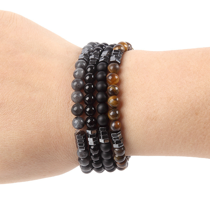 6mm Natural Gemstone Beaded Bracelet with Hematite Spacer Beads, 18-19cm Stretchy Elastic, Healing Jewelry Gift for Men & Women