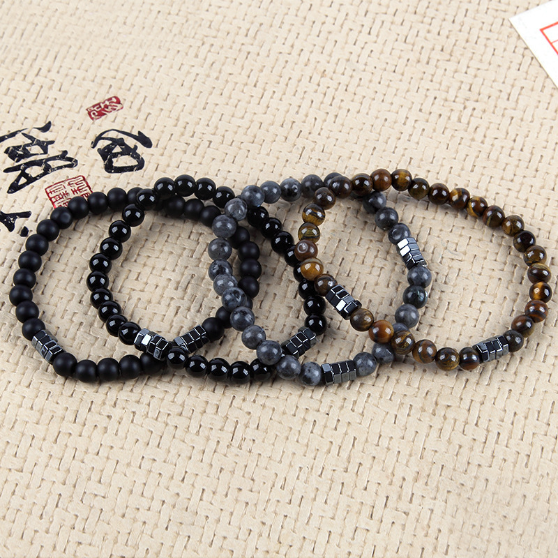 6mm Natural Gemstone Beaded Bracelet with Hematite Spacer Beads, 18-19cm Stretchy Elastic, Healing Jewelry Gift for Men & Women