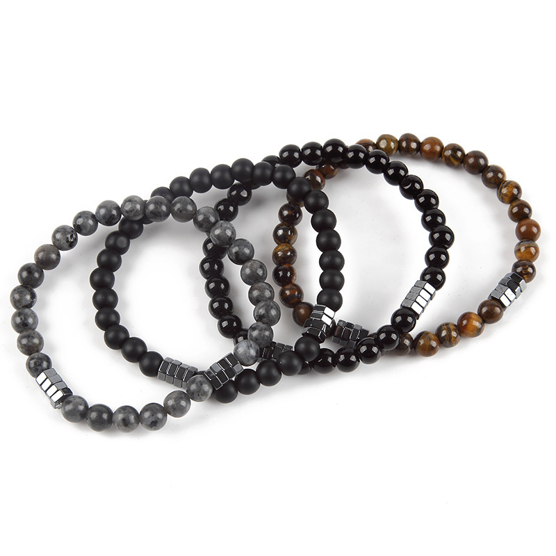 6mm Natural Gemstone Beaded Bracelet with Hematite Spacer Beads, 18-19cm Stretchy Elastic, Healing Jewelry Gift for Men & Women