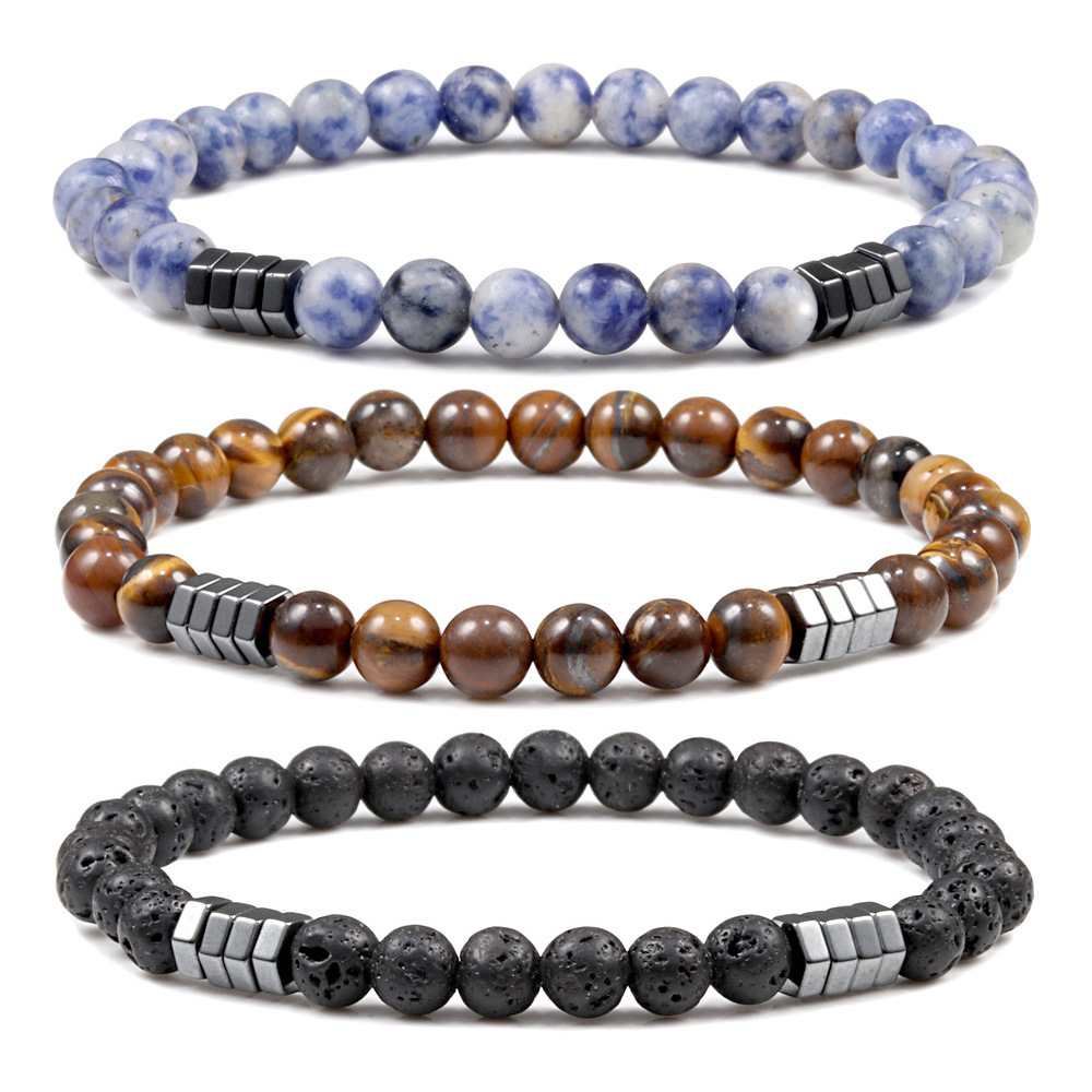 6mm Natural Gemstone Beaded Bracelet with Hematite Spacer Beads, 18-19cm Stretchy Elastic, Healing Jewelry Gift for Men & Women