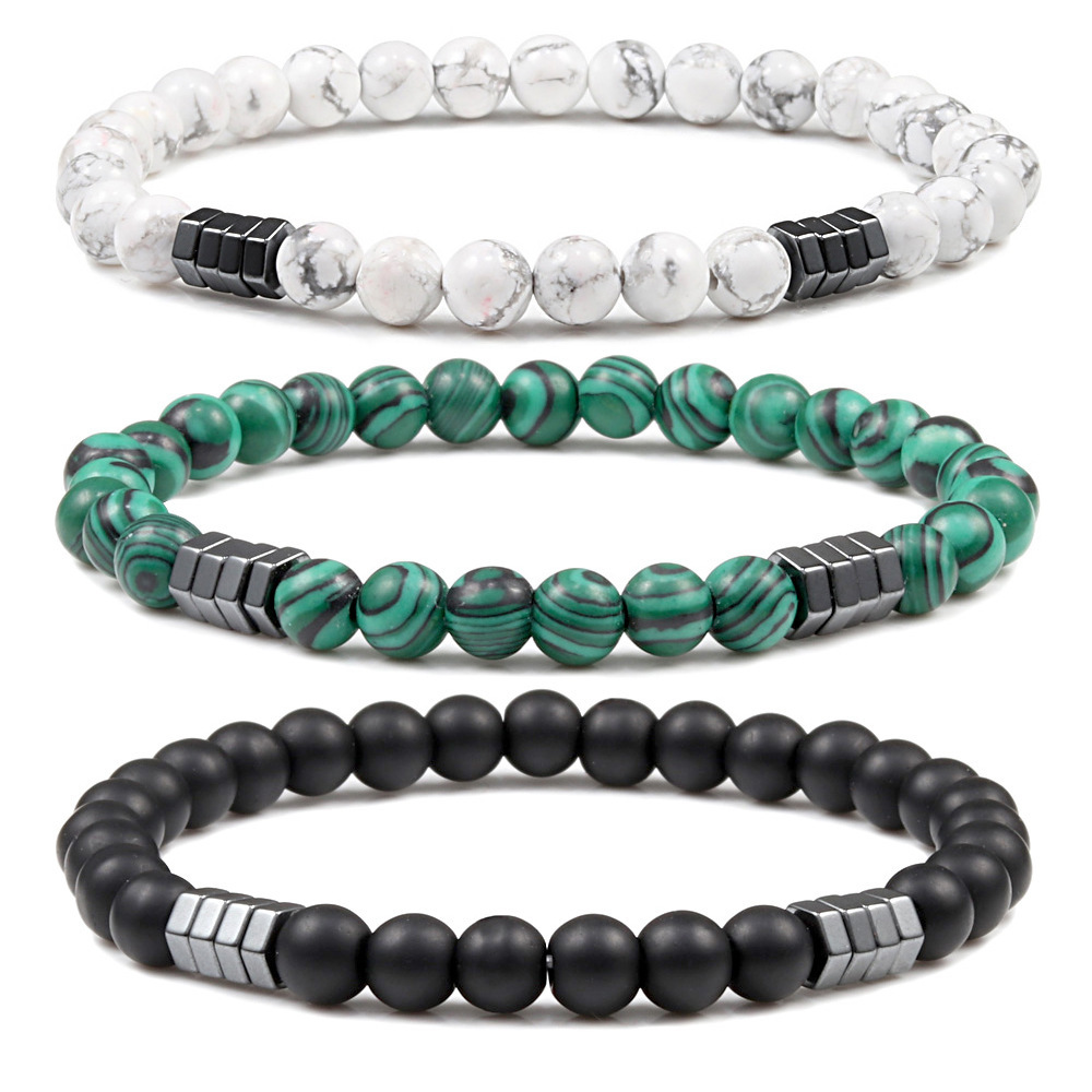 6mm Natural Gemstone Beaded Bracelet with Hematite Spacer Beads, 18-19cm Stretchy Elastic, Healing Jewelry Gift for Men & Women