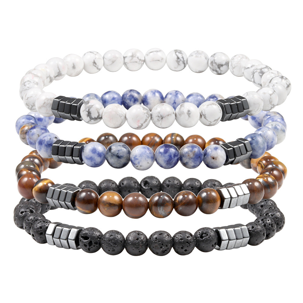 6mm Natural Gemstone Beaded Bracelet with Hematite Spacer Beads, 18-19cm Stretchy Elastic, Healing Jewelry Gift for Men & Women