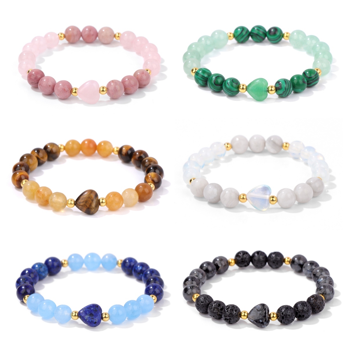 8mm Natural Gemstone Beads Bracelet with 10mm Heart Charm, Stretch Elastic Spiritual Jewelry Gift for Women Men Healing Chakra