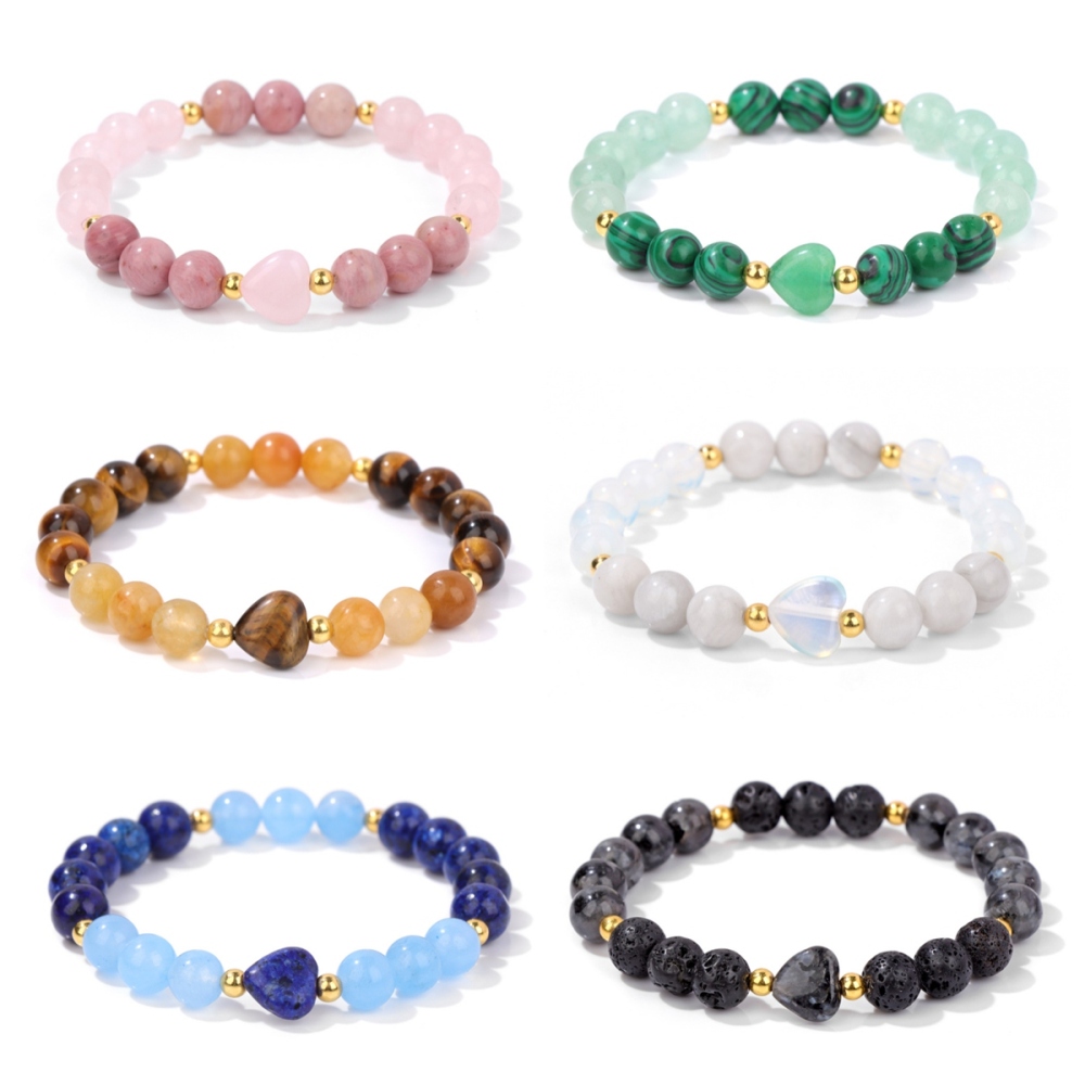 8mm Natural Gemstone Beads Bracelet with 10mm Heart Charm, Stretch Elastic Spiritual Jewelry Gift for Women Men Healing Chakra