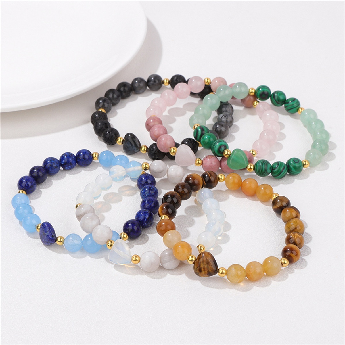 8mm Natural Gemstone Beads Bracelet with 10mm Heart Charm, Stretch Elastic Spiritual Jewelry Gift for Women Men Healing Chakra