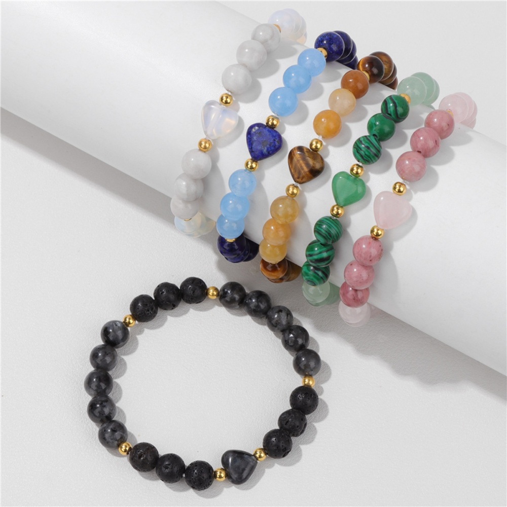 8mm Natural Gemstone Beads Bracelet with 10mm Heart Charm, Stretch Elastic Spiritual Jewelry Gift for Women Men Healing Chakra
