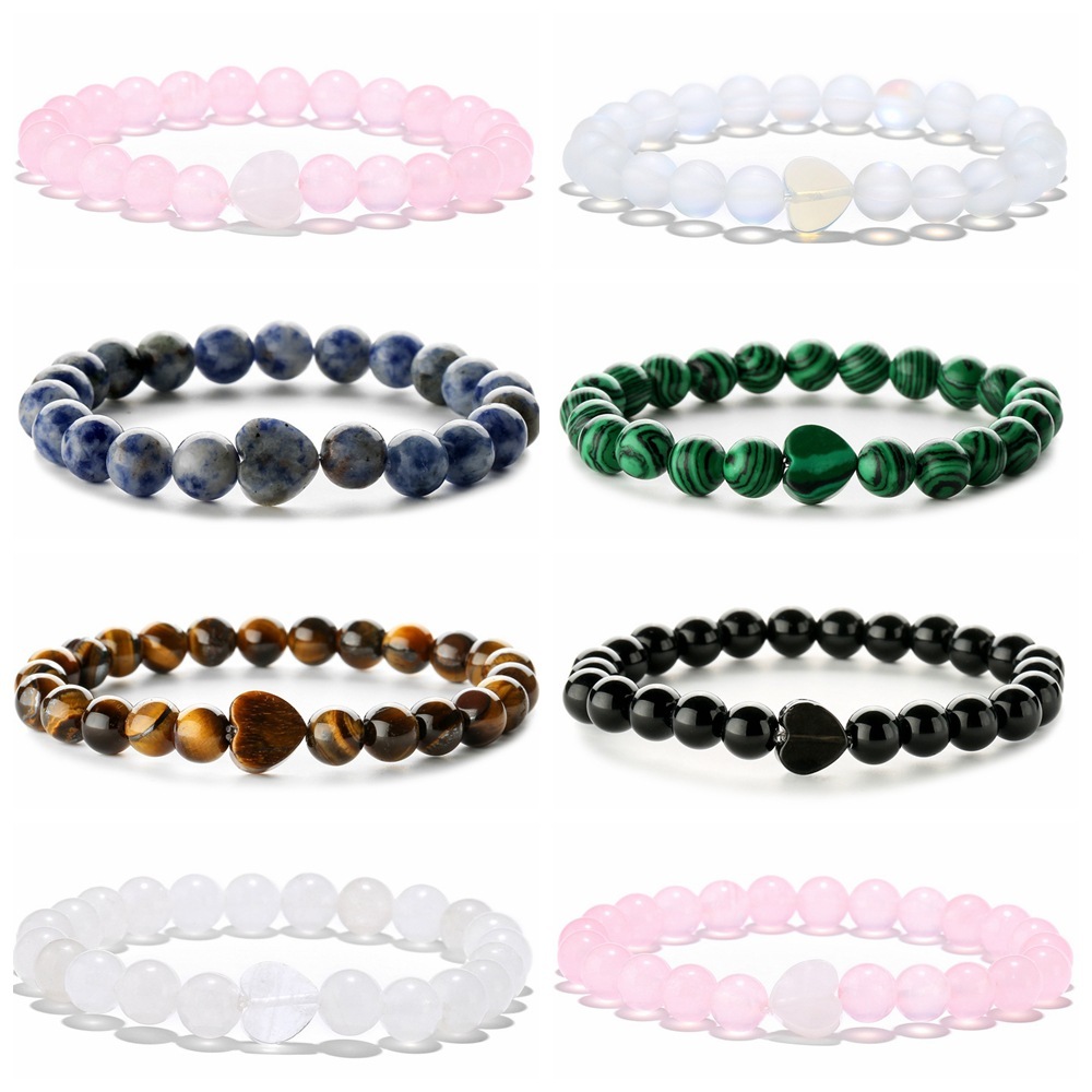 8mm Natural Gemstone Beads Bracelet with 10mm Heart Charm,Stretch Elastic Spiritual Jewelry Gift for Women