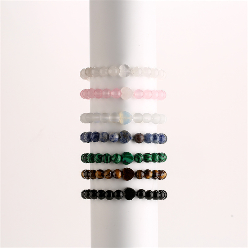 8mm Natural Gemstone Beads Bracelet with 10mm Heart Charm,Stretch Elastic Spiritual Jewelry Gift for Women