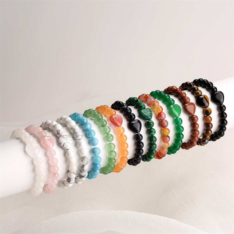 8mm Natural Gemstone Beads Bracelet with 10mm Heart Charm,Stretch Elastic Spiritual Jewelry Gift for Women