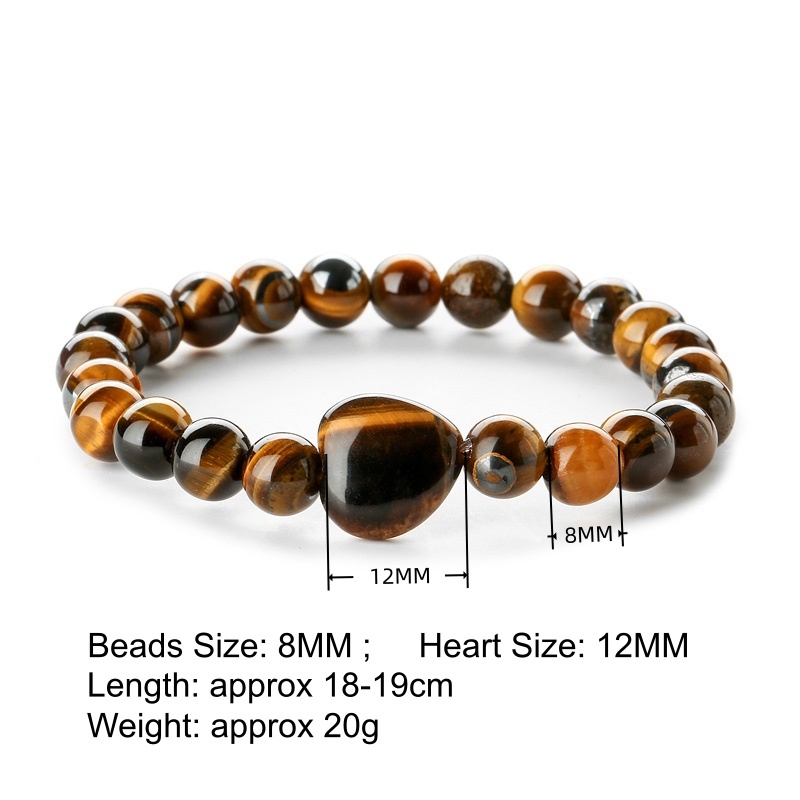 8mm Natural Gemstone Beads Bracelet with 10mm Heart Charm,Stretch Elastic Spiritual Jewelry Gift for Women