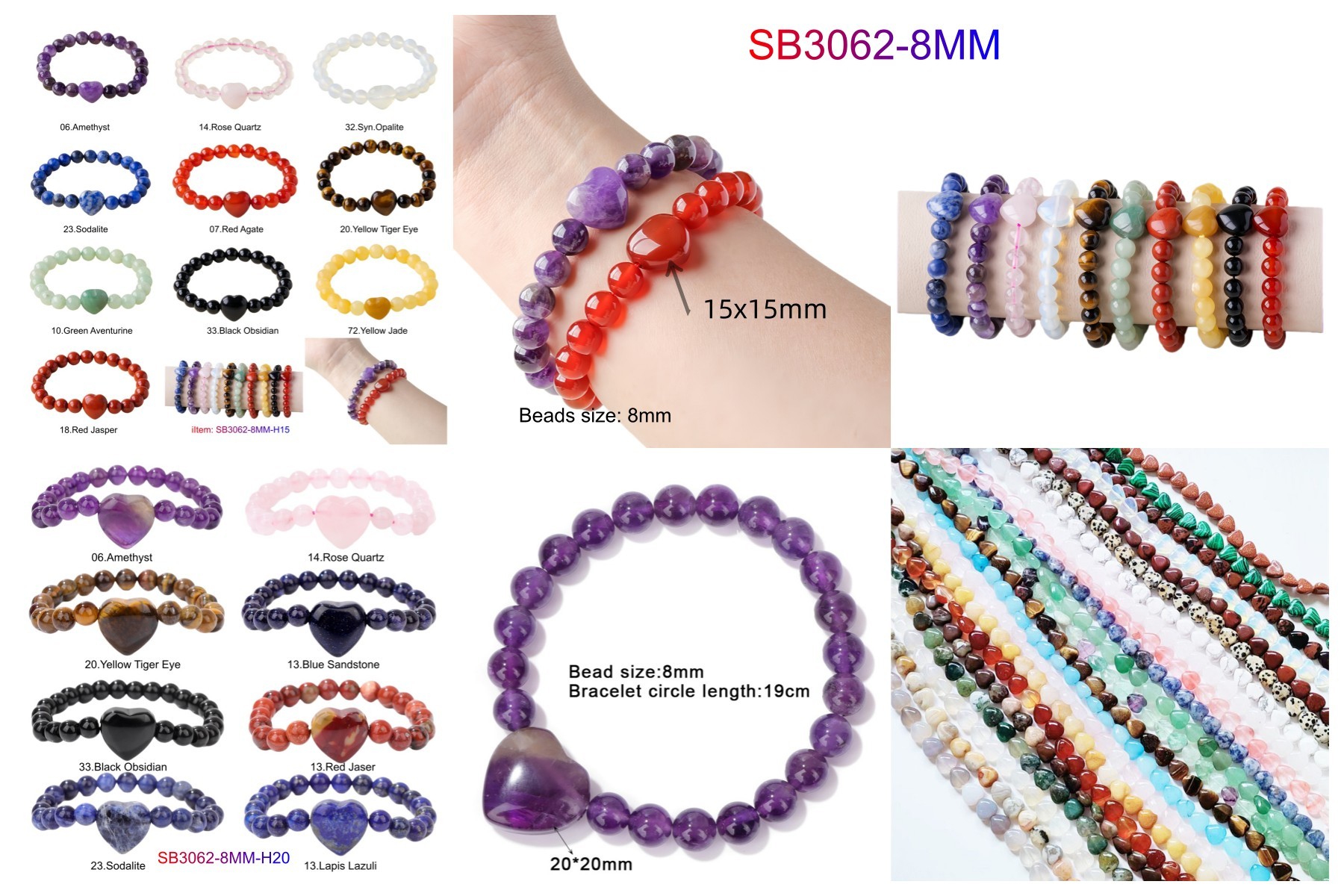 Romantic Heart Charm Bracelet 8mm Round Natural Gemstone Beads with 15mm Love Pendant, Stretchy Adjustable Bangle Jewelry