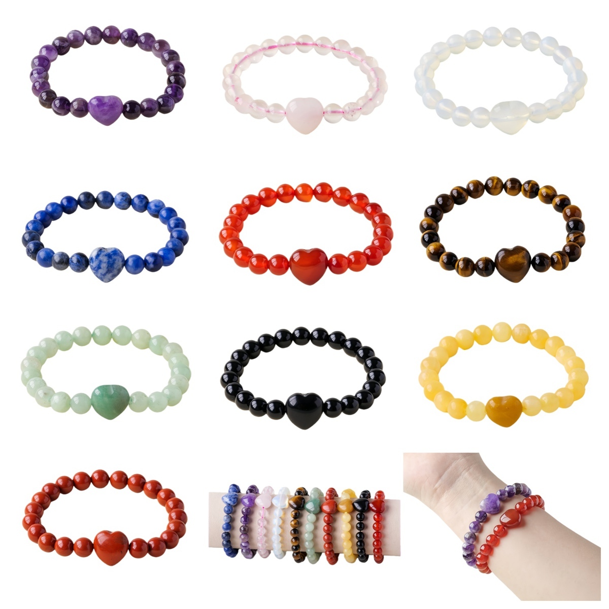Romantic Heart Charm Bracelet 8mm Round Natural Gemstone Beads with 15mm Love Pendant, Stretchy Adjustable Bangle Jewelry