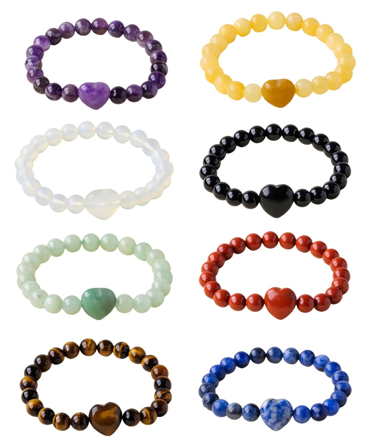 Romantic Heart Charm Bracelet 8mm Round Natural Gemstone Beads with 15mm Love Pendant, Stretchy Adjustable Bangle Jewelry