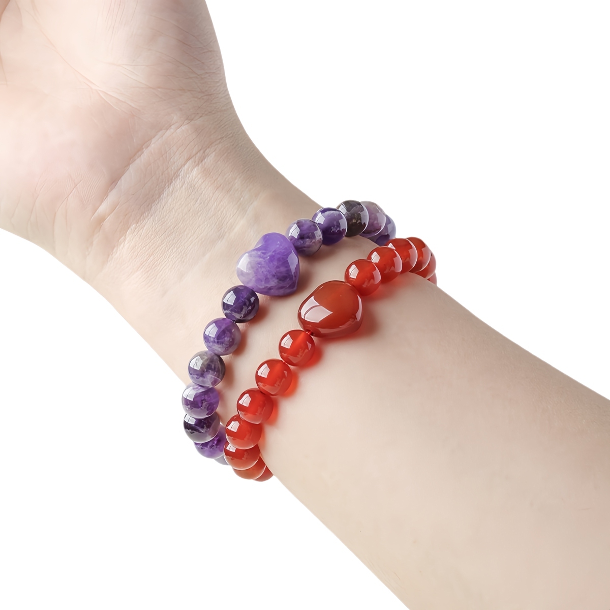 Romantic Heart Charm Bracelet 8mm Round Natural Gemstone Beads with 20mm Love Pendant, Stretchy Adjustable Bangle Jewelry