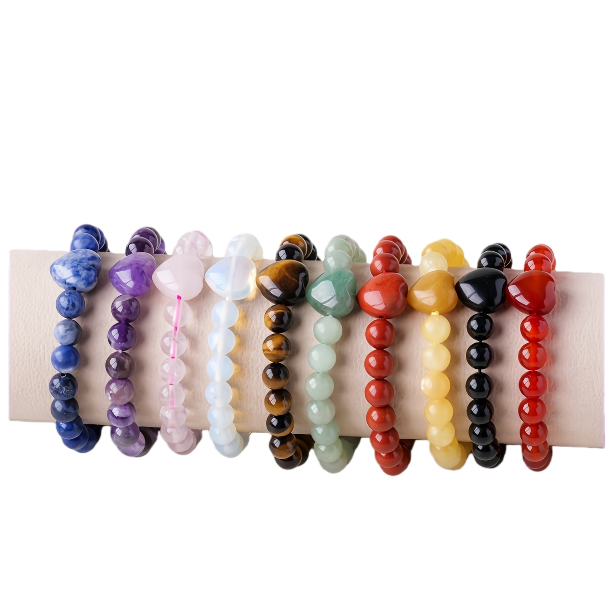 Romantic Heart Charm Bracelet 8mm Round Natural Gemstone Beads with 15mm Love Pendant, Stretchy Adjustable Bangle Jewelry