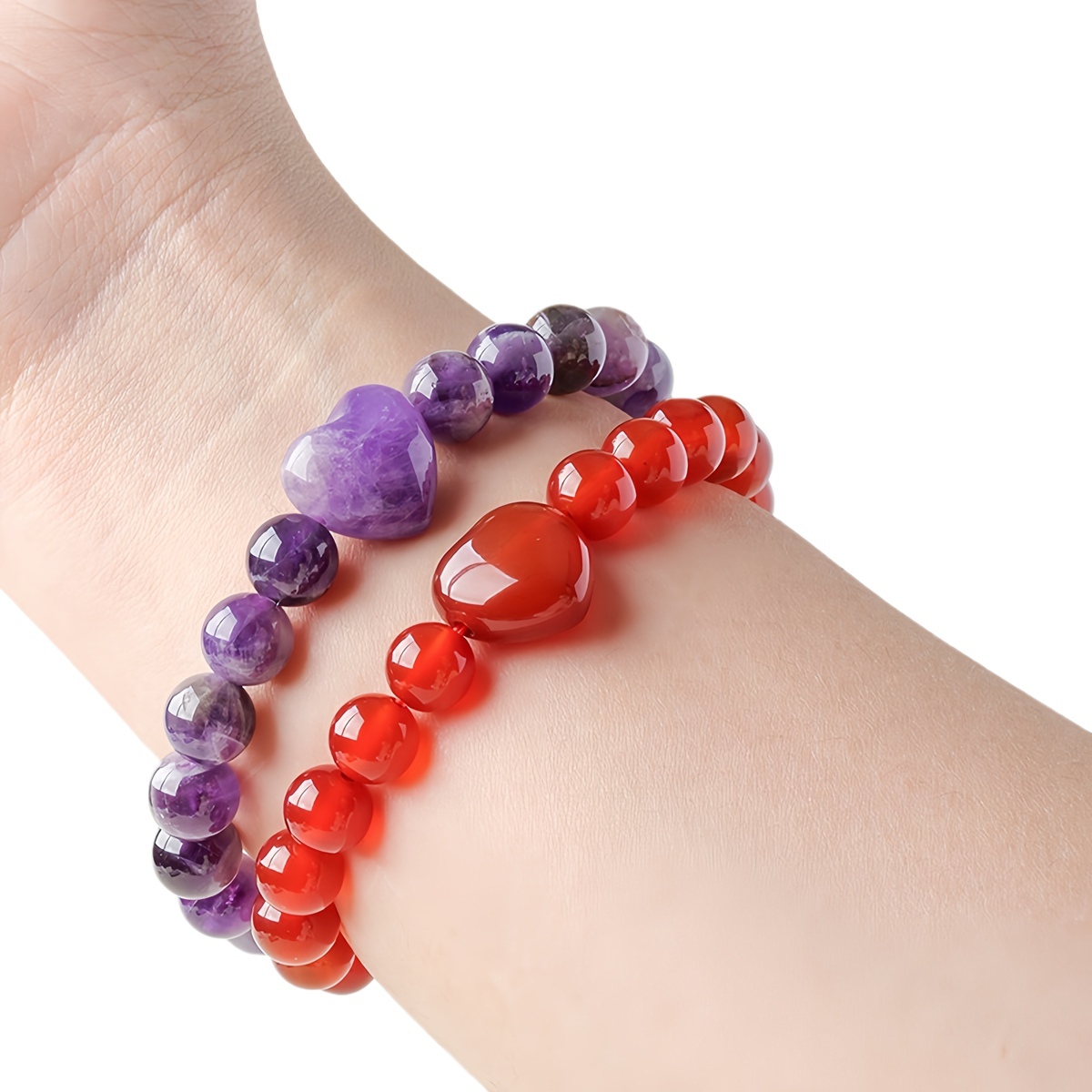 Romantic Heart Charm Bracelet 8mm Round Natural Gemstone Beads with 15mm Love Pendant, Stretchy Adjustable Bangle Jewelry