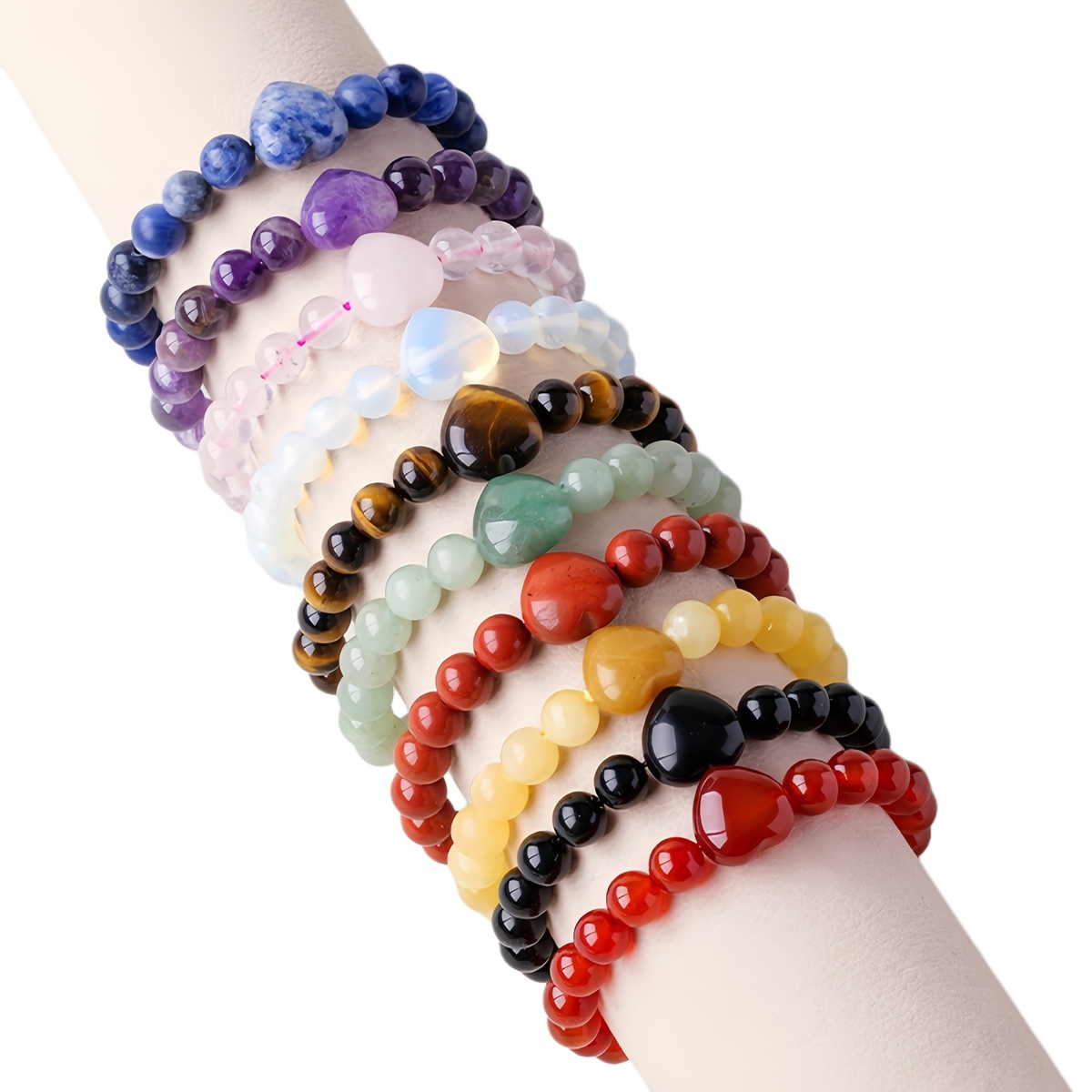 Romantic Heart Charm Bracelet 8mm Round Natural Gemstone Beads with 20mm Love Pendant, Stretchy Adjustable Bangle Jewelry