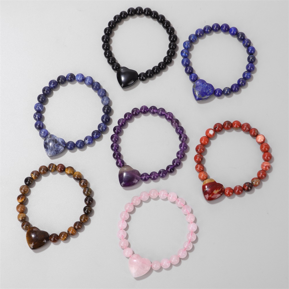 Romantic Heart Charm Bracelet 8mm Round Natural Gemstone Beads with 20mm Love Pendant, Stretchy Adjustable Bangle Jewelry