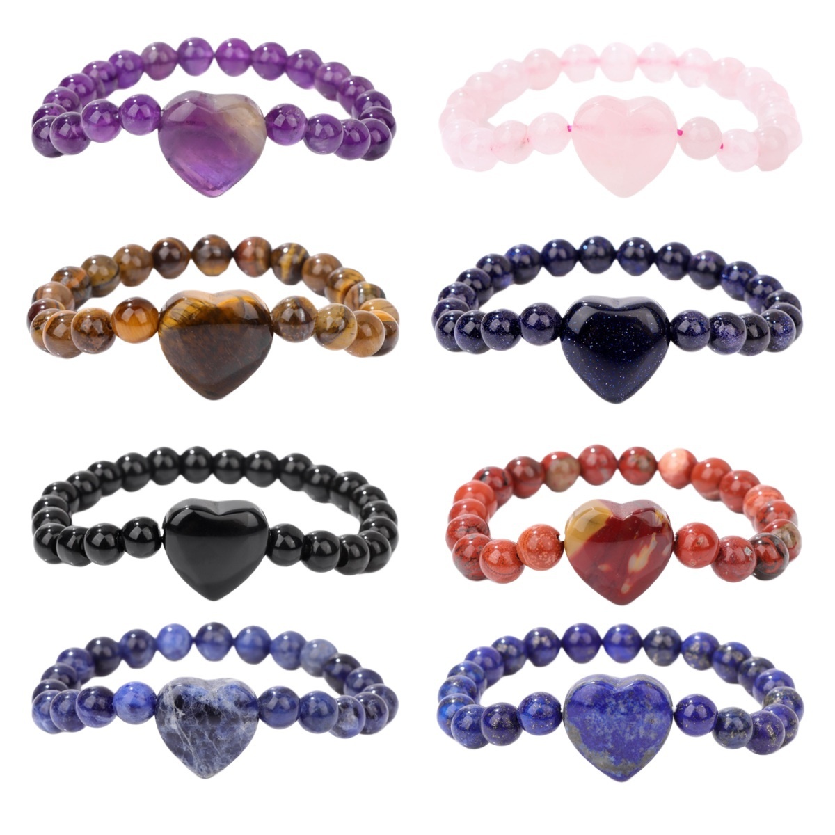 Romantic Heart Charm Bracelet 8mm Round Natural Gemstone Beads with 20mm Love Pendant, Stretchy Adjustable Bangle Jewelry