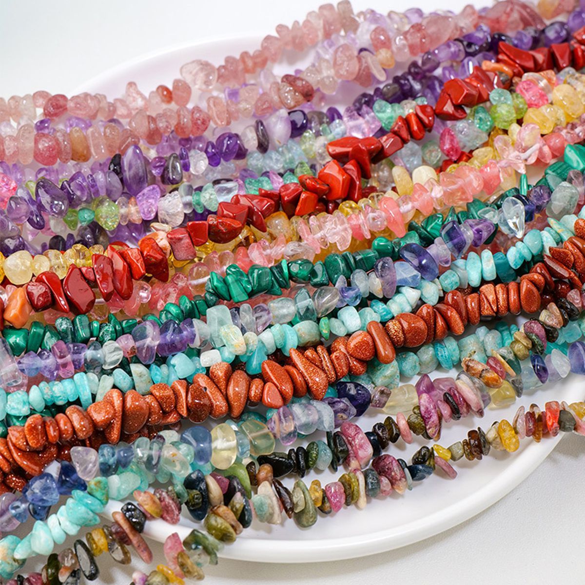 Boho Tumbled Gemstone Bracelet for Women Men Adjustable Handmade Woven Mesh Raw Chip Stone Beads Bangle Jewelry