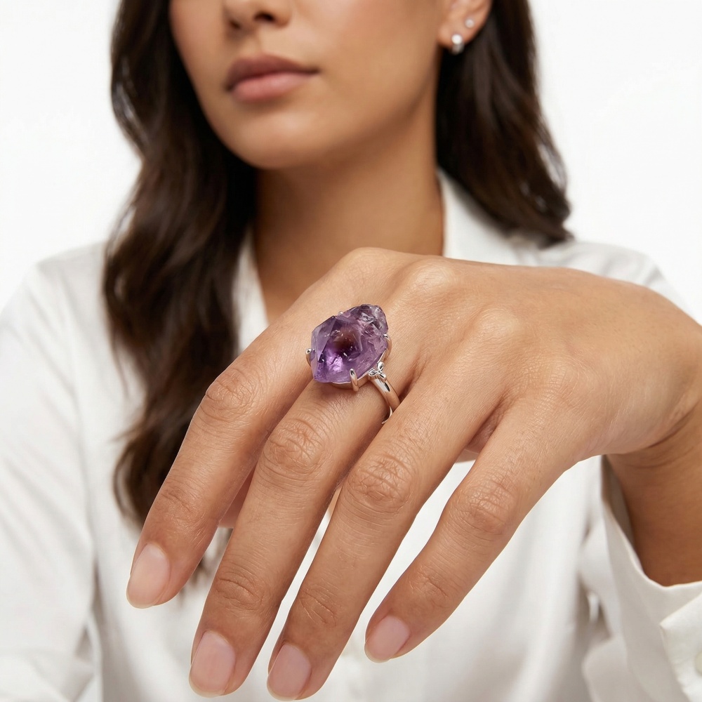 Adjustable Druzy Amethyst Ring – Real Crystal, White Gold Plated Copper, Handmade Women’s Jewelry