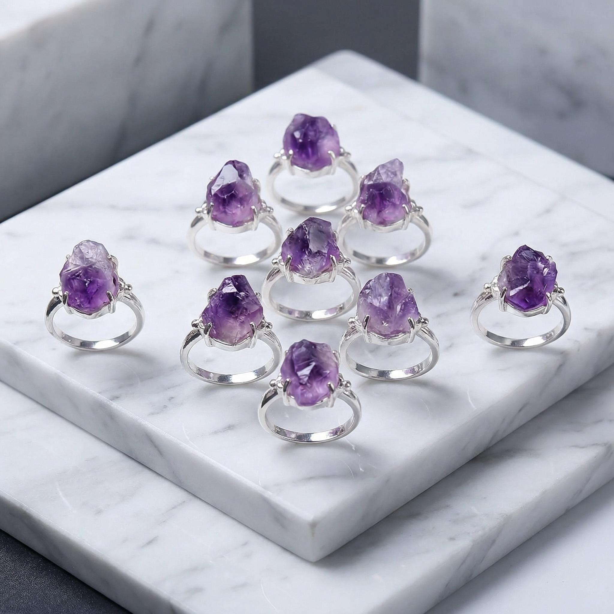 Adjustable Druzy Amethyst Ring – Real Crystal, White Gold Plated Copper, Handmade Women’s Jewelry