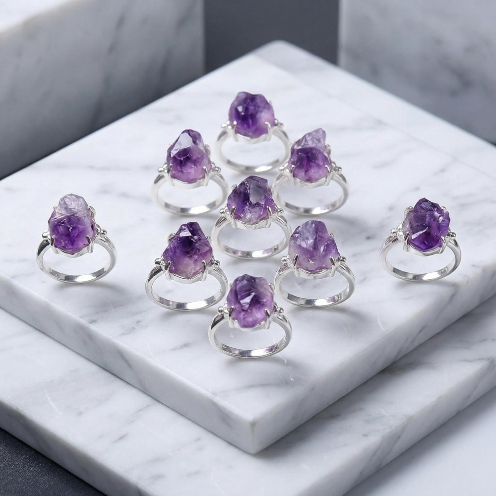 Adjustable Druzy Amethyst Ring – Real Crystal, White Gold Plated Copper, Handmade Women’s Jewelry