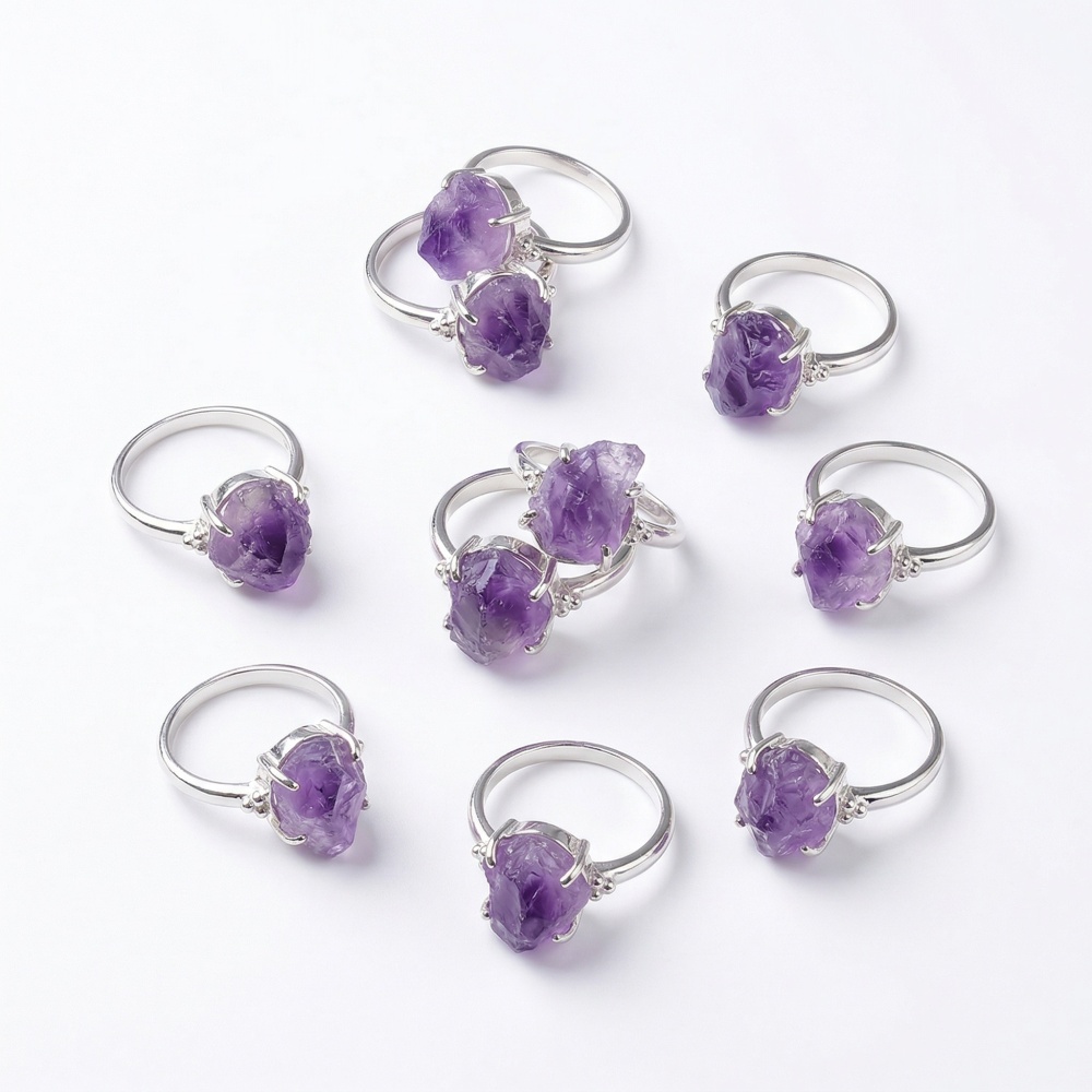 Adjustable Druzy Amethyst Ring – Real Crystal, White Gold Plated Copper, Handmade Women’s Jewelry