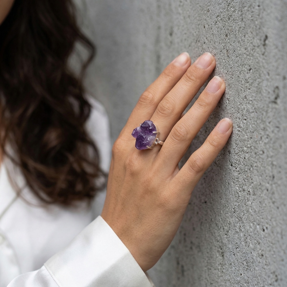 Adjustable Druzy Amethyst Ring – Real Crystal, White Gold Plated Copper, Handmade Women’s Jewelry