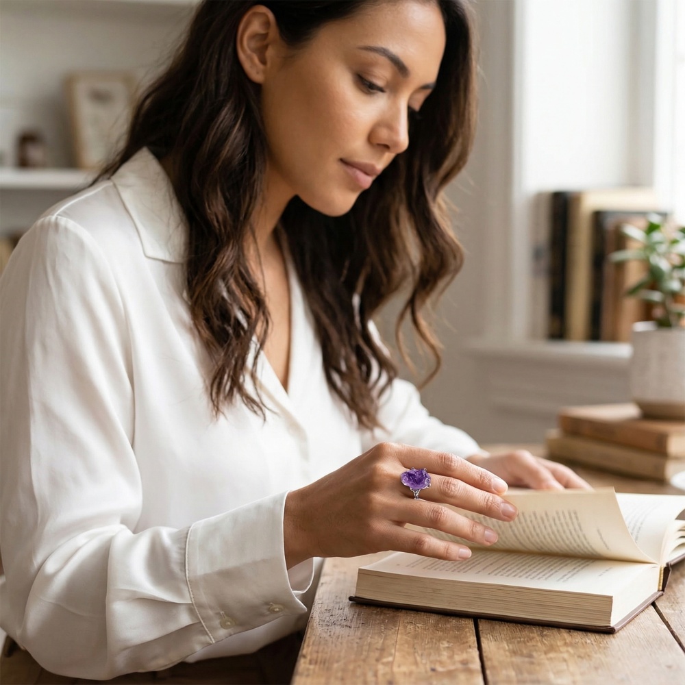 Adjustable Druzy Amethyst Ring – Real Crystal, White Gold Plated Copper, Handmade Women’s Jewelry