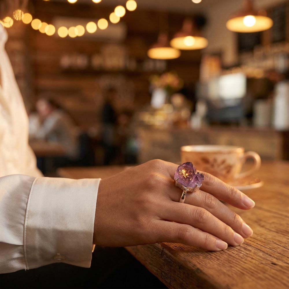 Adjustable Druzy Amethyst Ring – Real Crystal, White Gold Plated Copper, Handmade Women’s Jewelry