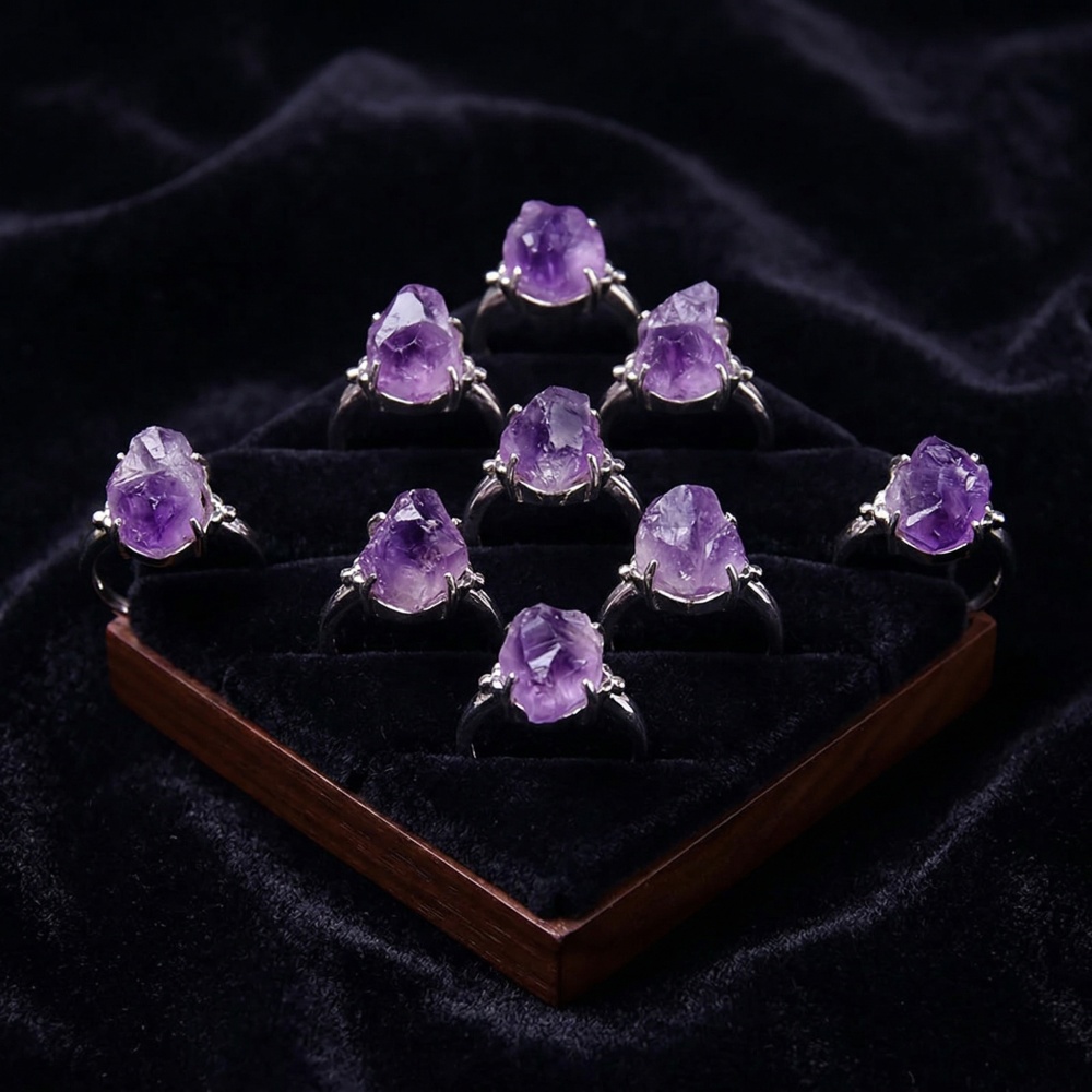 Adjustable Druzy Amethyst Ring – Real Crystal, White Gold Plated Copper, Handmade Women’s Jewelry