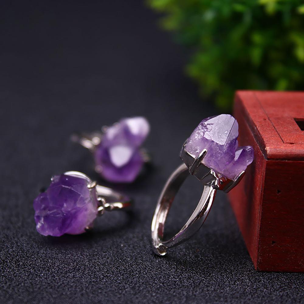 Adjustable Druzy Amethyst Ring – Real Crystal, White Gold Plated Copper, Handmade Women’s Jewelry