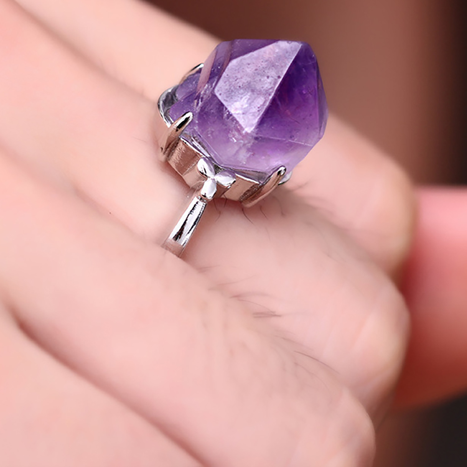Adjustable Druzy Amethyst Ring – Real Crystal, White Gold Plated Copper, Handmade Women’s Jewelry