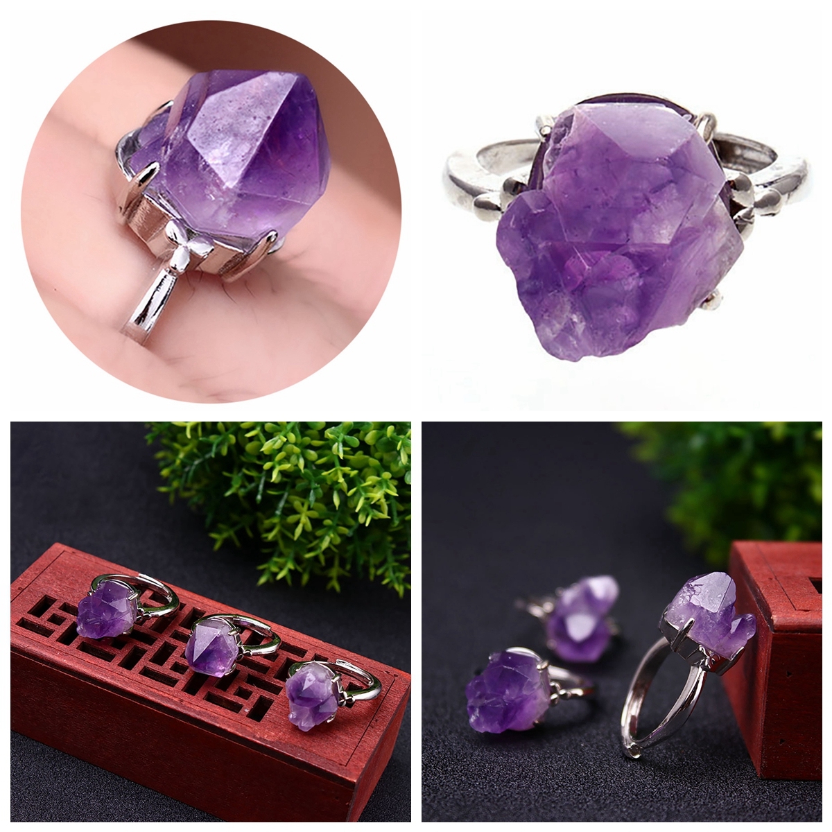 Adjustable Druzy Amethyst Ring – Real Crystal, White Gold Plated Copper, Handmade Women’s Jewelry