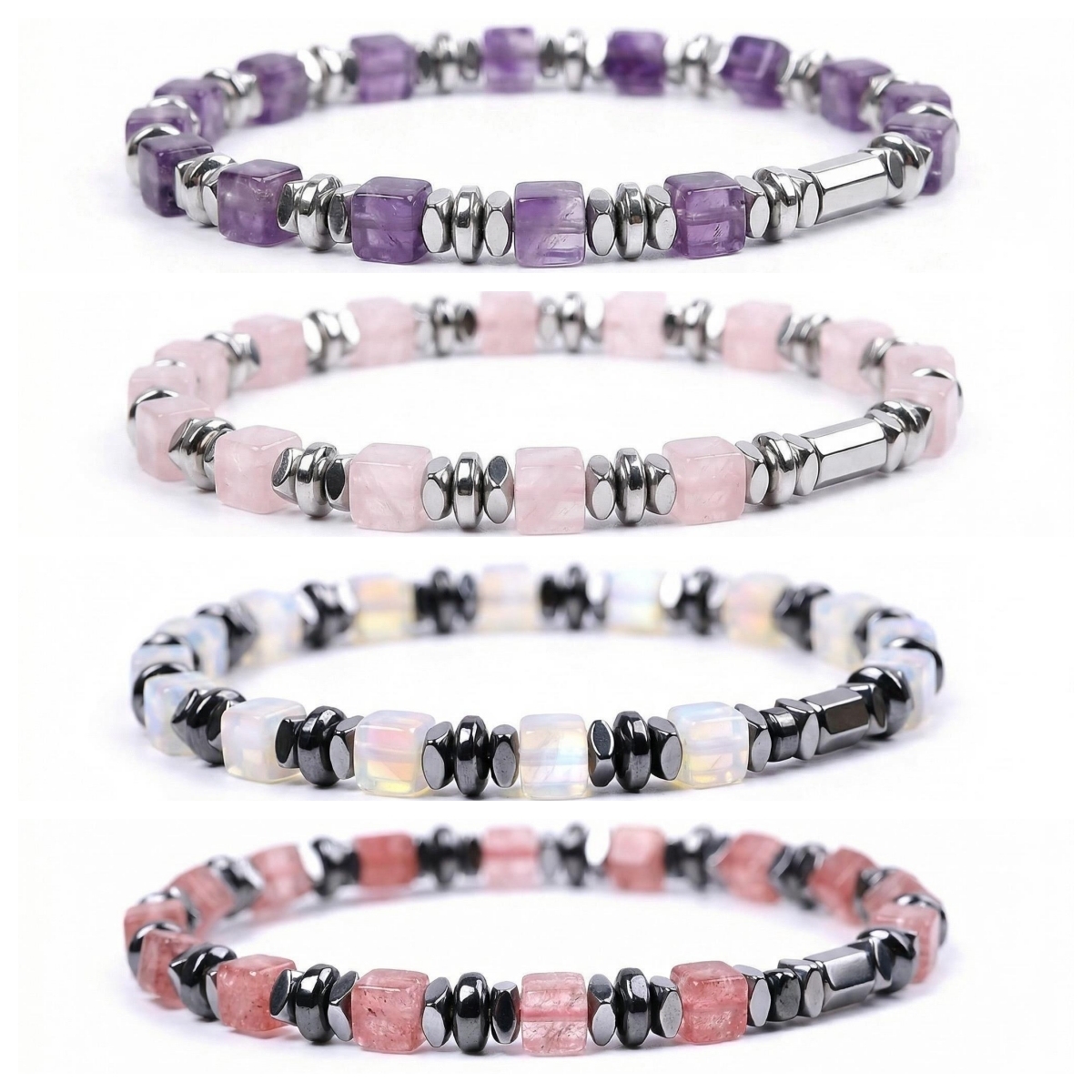 Natural 4mm Hematite Cube Beads Stretch Bracelet – Stackable Spacer Bracelet for Women & Girls, Healing Stone Jewelry, Minimalist Gift