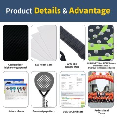 Carbon fiber beach tennis racket with 3K, 12K, or 18K surface options