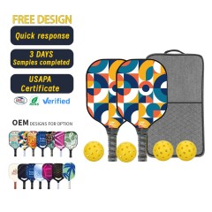 Colorful pickleball paddles with various surface designs