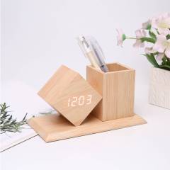 Office Use Wooden Digital Desk Clock With Pen Holder