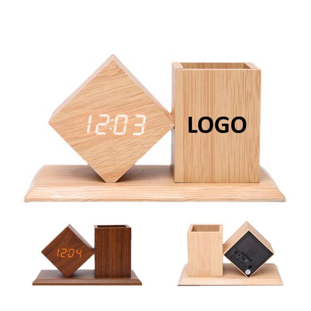Office Use Wooden Digital Desk Clock With Pen Holder